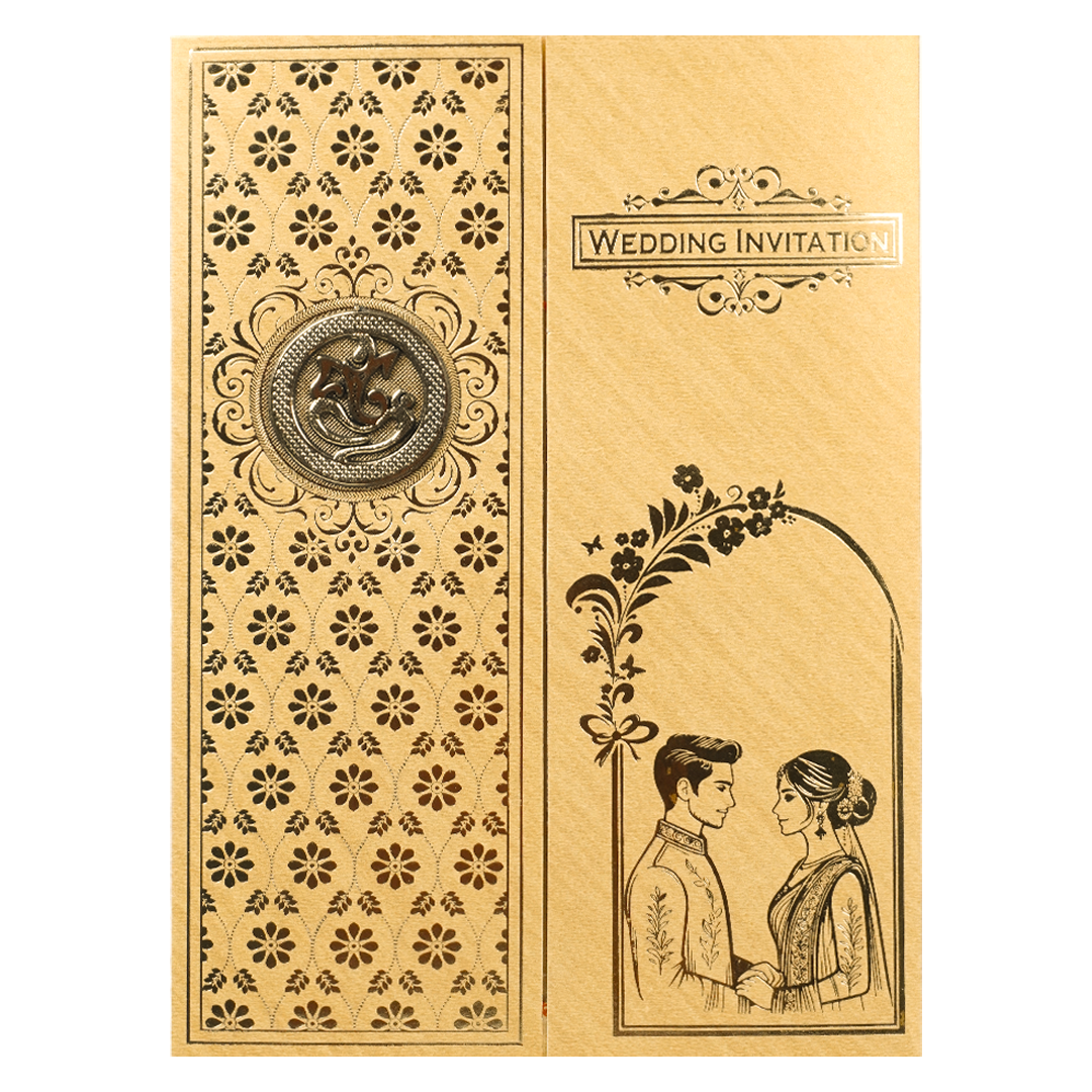 Gold Swastika Couple Gatefold Wedding Card-KNCM043GL