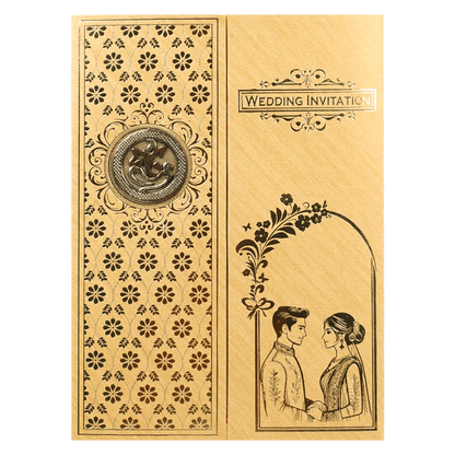 Gold Swastika Couple Gatefold Wedding Card-KNCM043GL