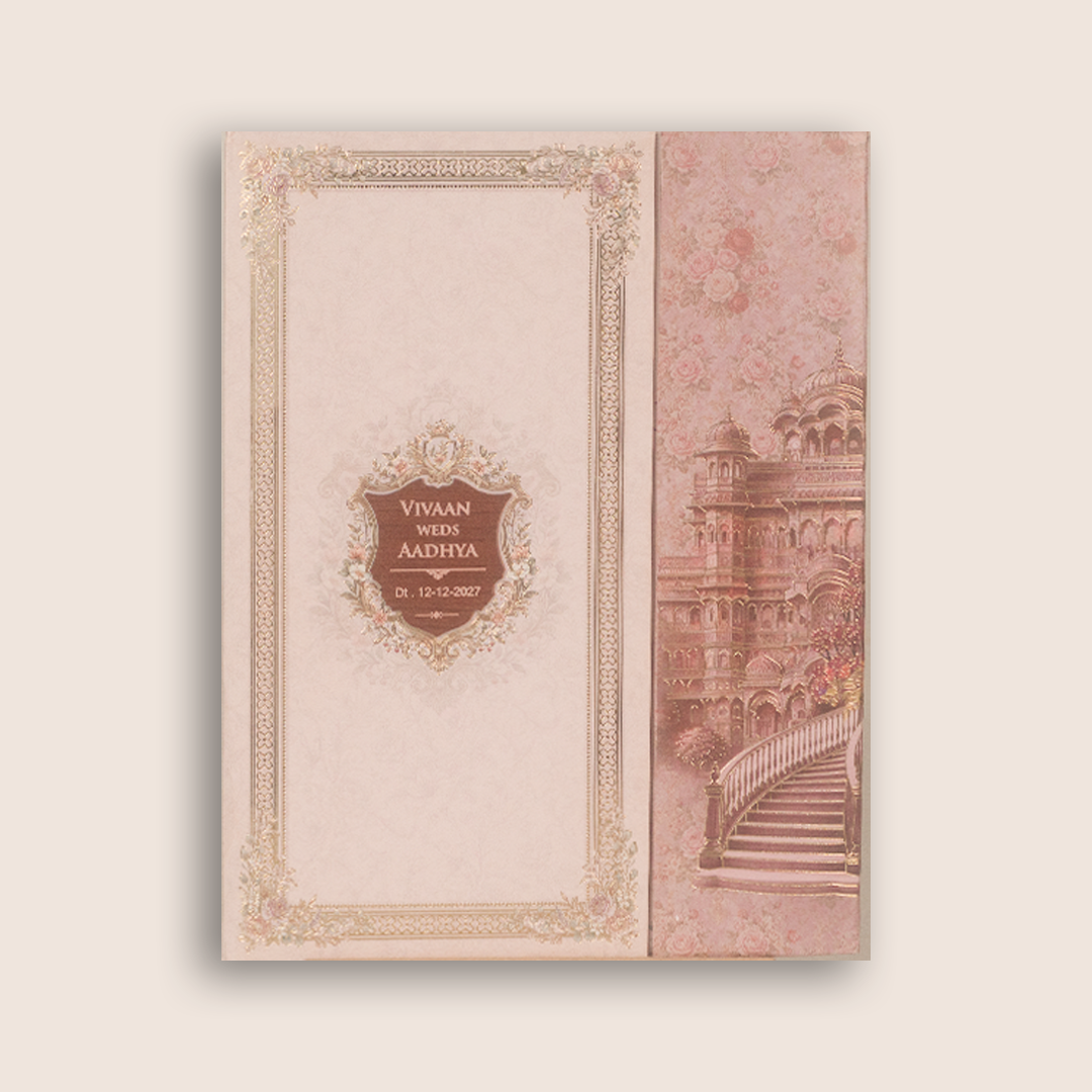 Pink Floral Palace Padded Door Style Wedding Card - KSH18500