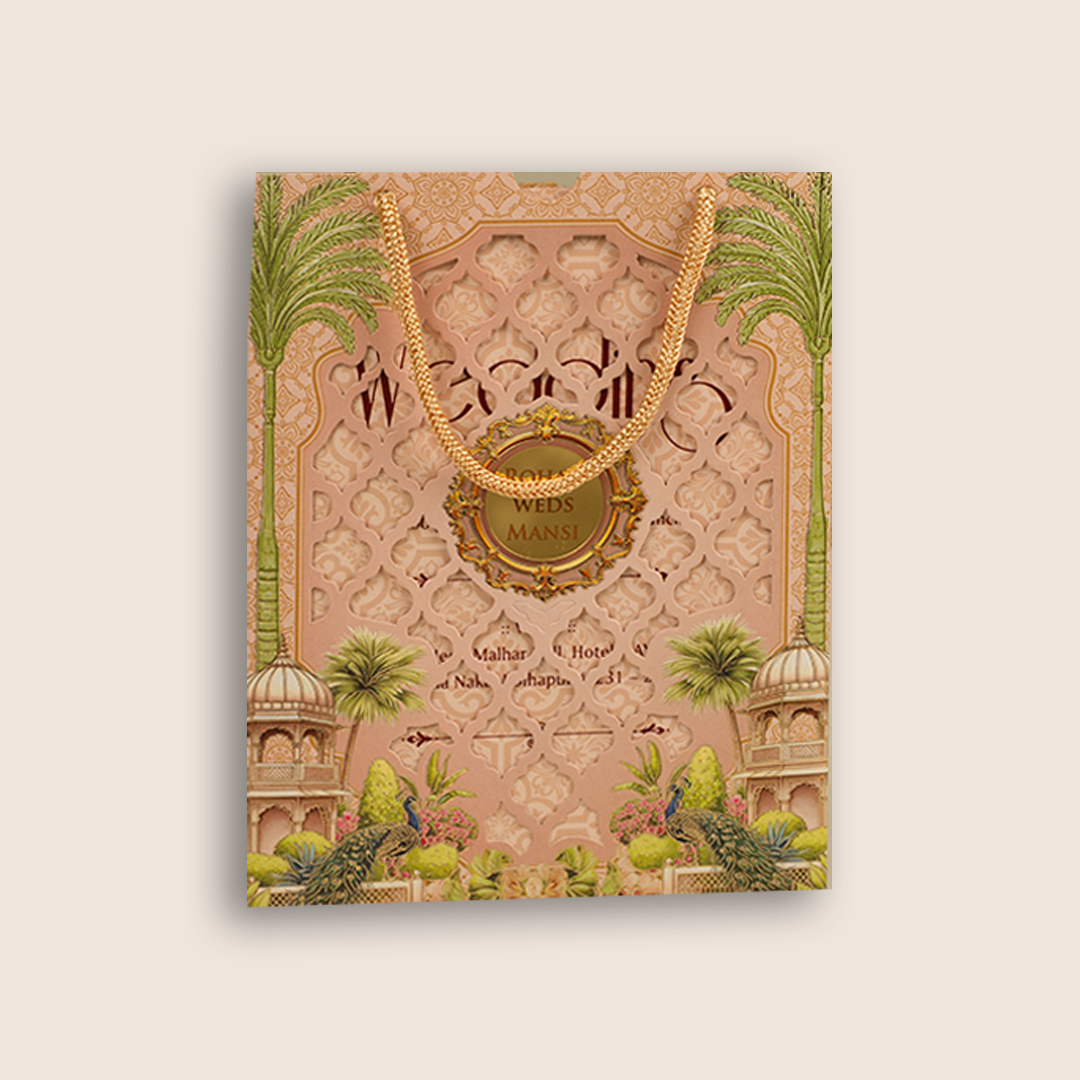 Pastel Pink Jharokha Laser Cut Bag Style Wedding Card - KPR07190