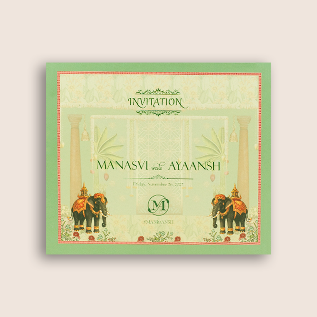 Green Padded Elephant Laser Cut Wedding Card - KVN08090