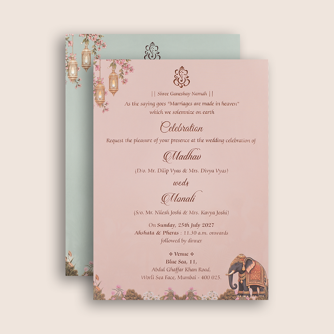 Peach Elephant Floral  Padded Wedding Card - KJTS3703