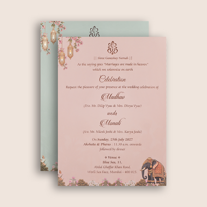 Peach Elephant Floral  Padded Wedding Card - KJTS3703