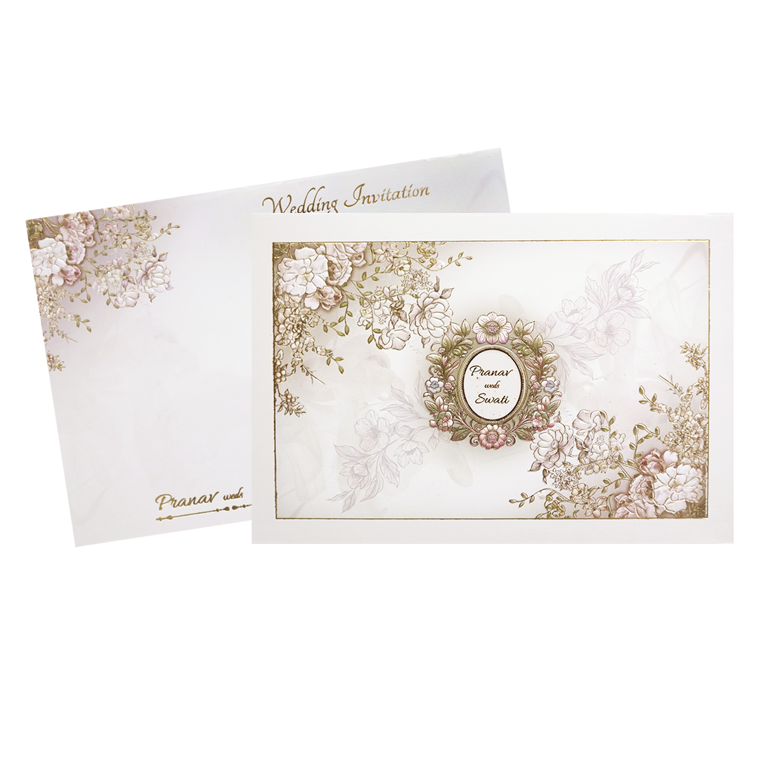 Grey Floral Frame Padded Wedding Card-KMMWD1110