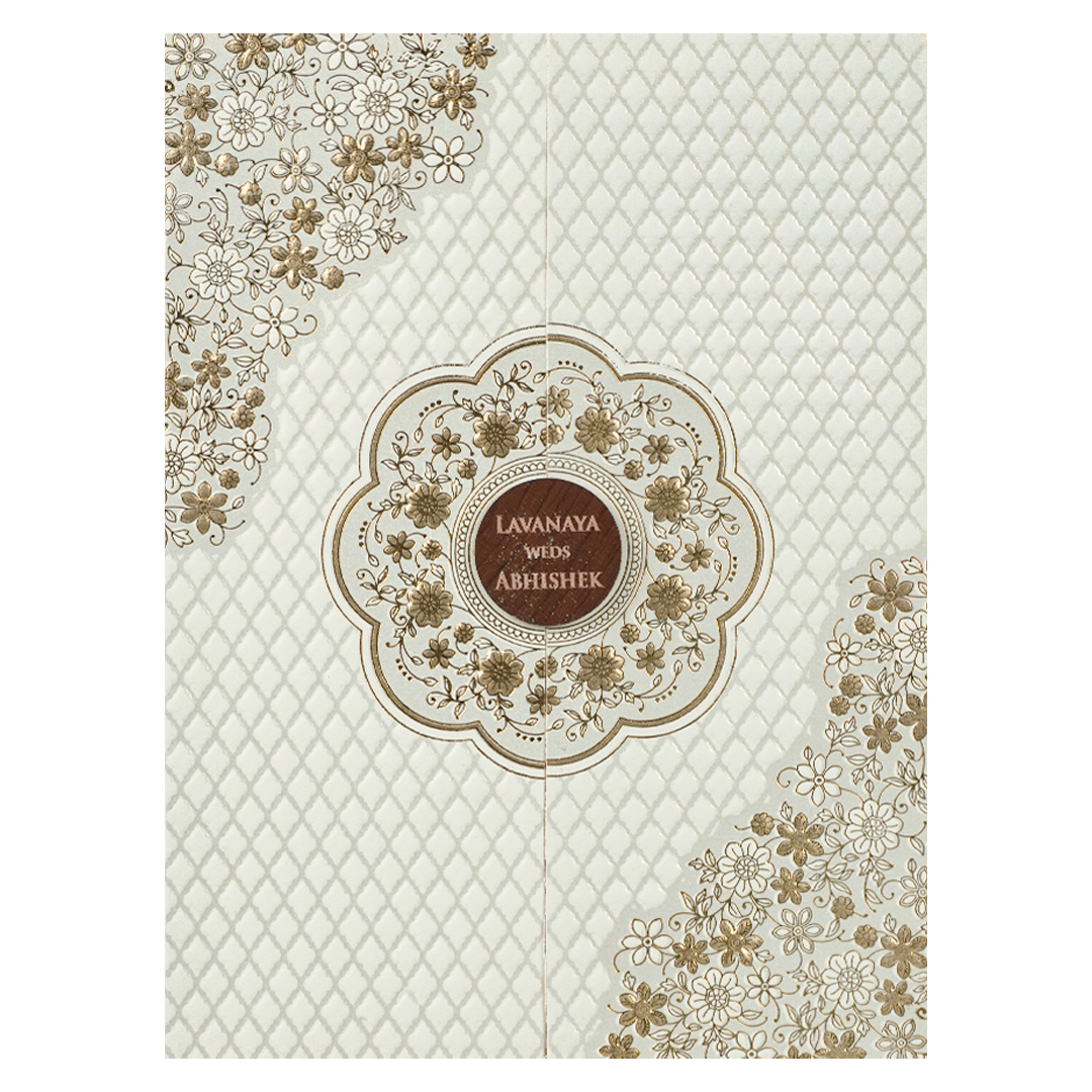 White Gold Floral Door Wedding Card-KRE27690
