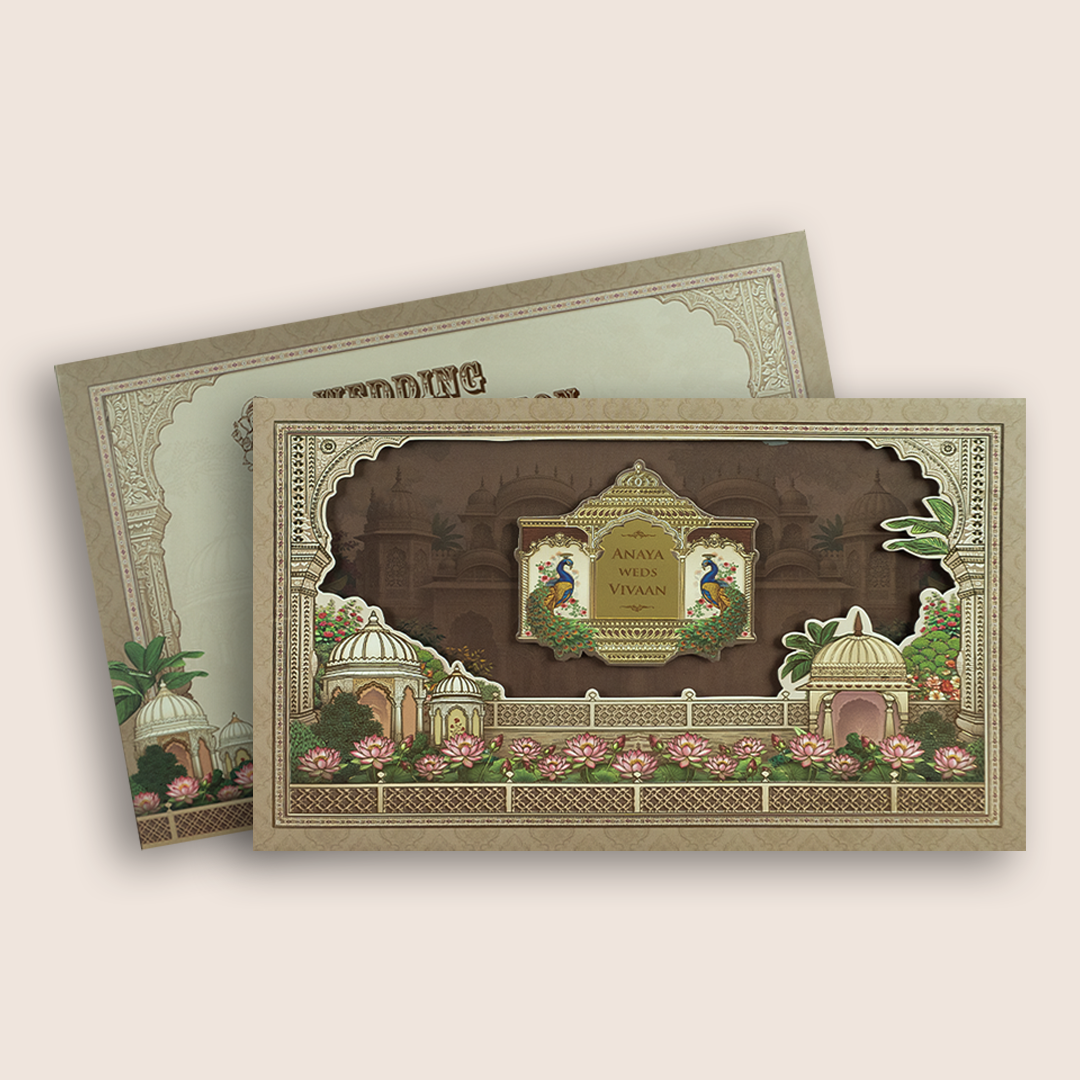 Brown Rajasthani Jharokha Padded Marriage Invitation Card - KSH18270