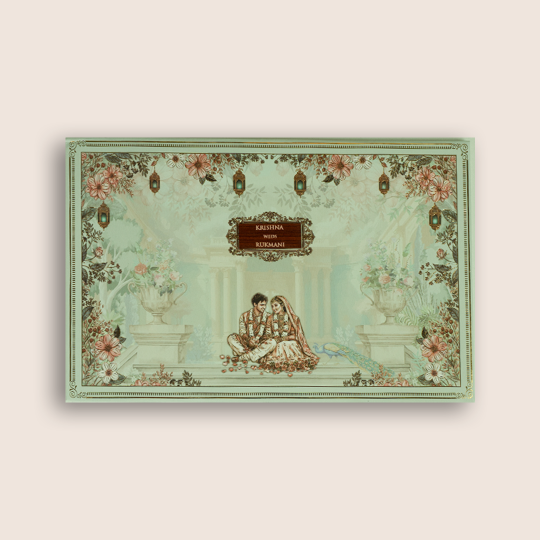 Pale Green Floral Bride Groom Padded Invitation Card - KJTS1827