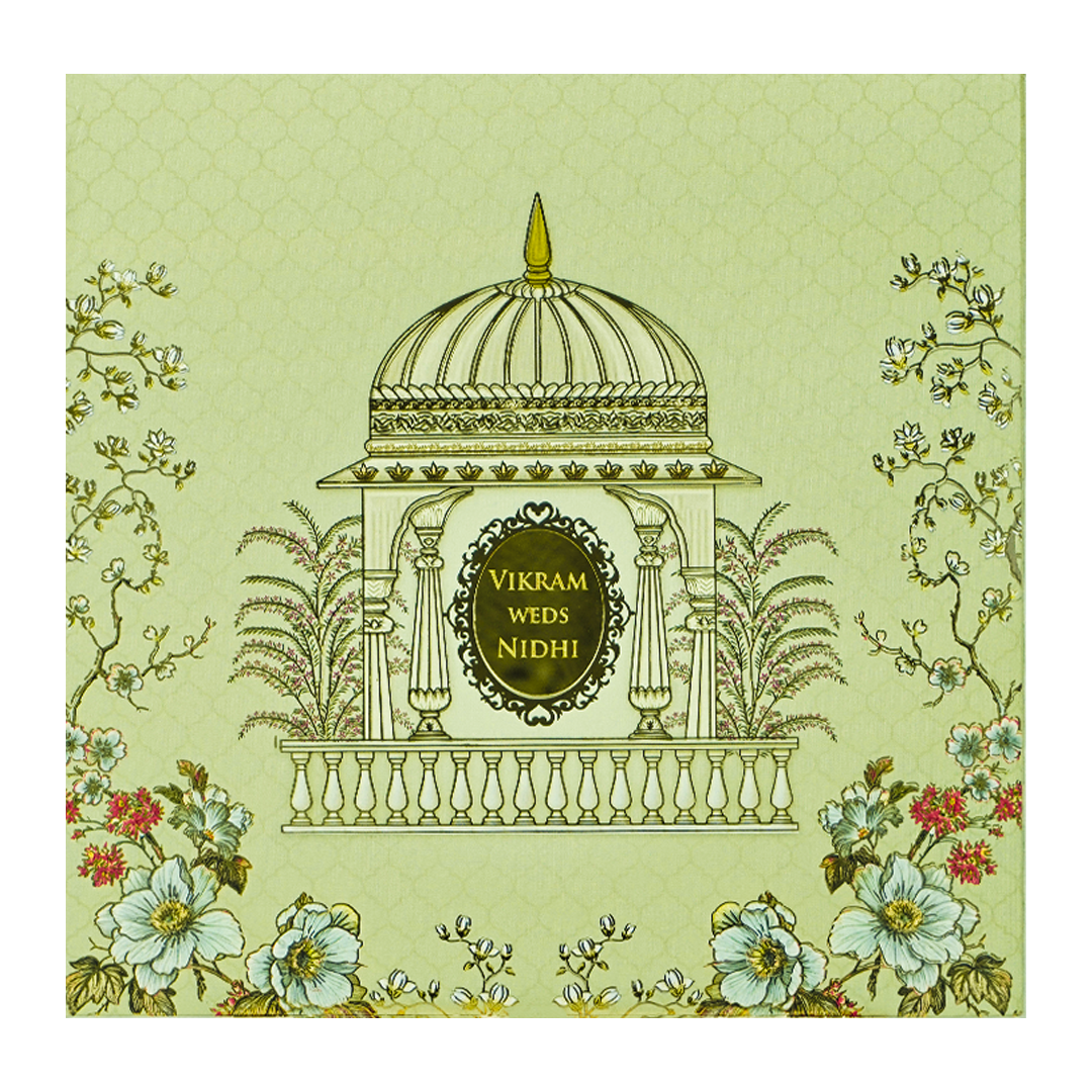 Green Gazebo Floral Elegant Padded Wedding Card-KRE27110
