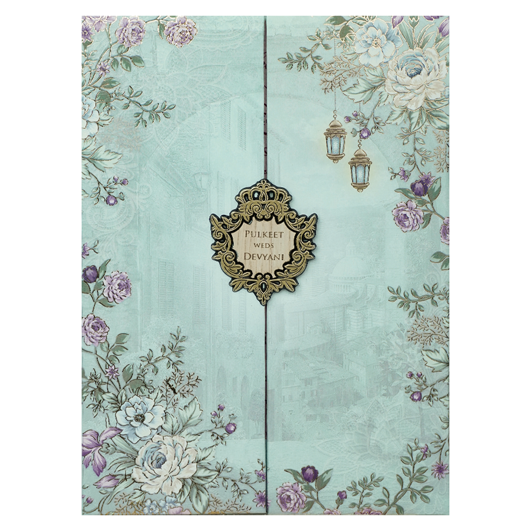 Blue Floral Lantern Padded Wedding Card-KJTS1833