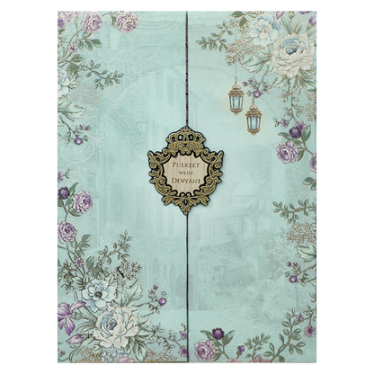 Blue Floral Lantern Padded Wedding Card-KJTS1833