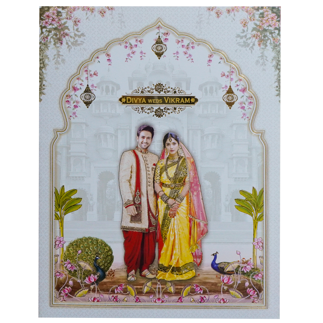 White Palace Couple Lotus Wedding Card-KNKJ1151