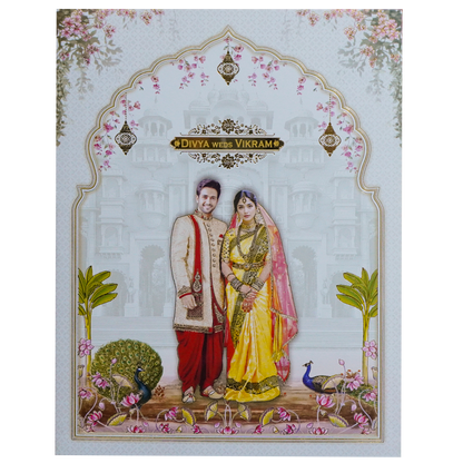 White Palace Couple Lotus Wedding Card-KNKJ1151