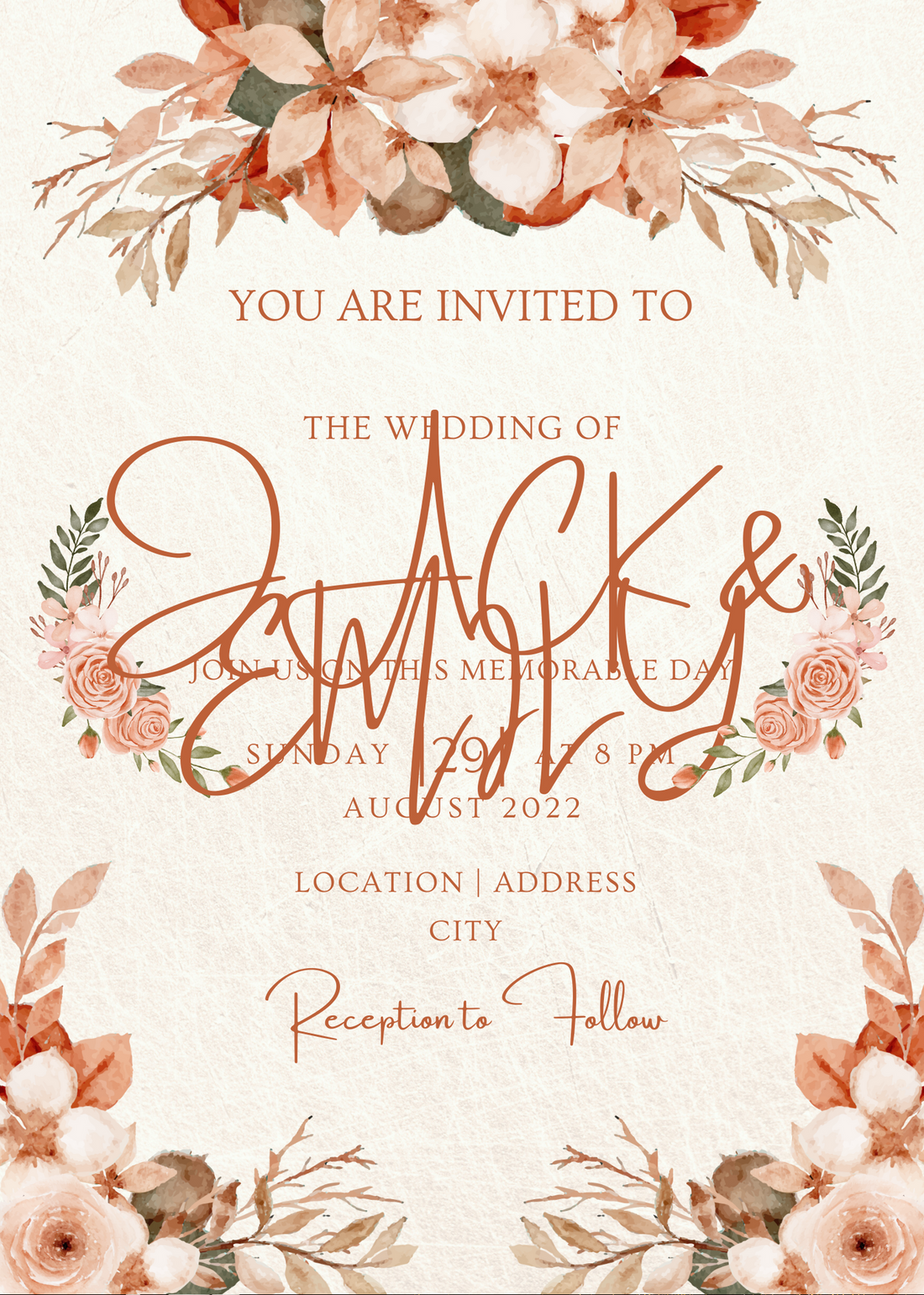 Peach Floral Custom Wedding Invitation-AACUW002