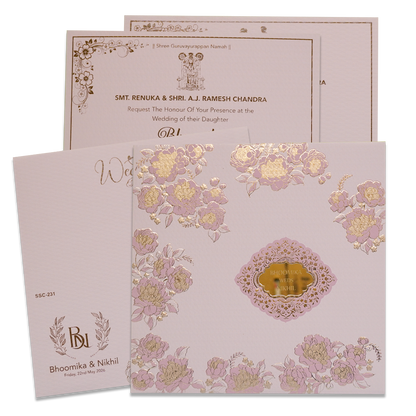 Check out Pink Floral Gold Padded Wedding Card at best price.✅WhatsApp Support ✅Express Delivery.|King of cards.