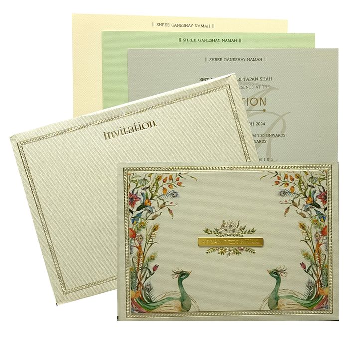 Selling Grey peacock padded invitation card online. Buying invitation cards made easy with King of Cards! &amp;