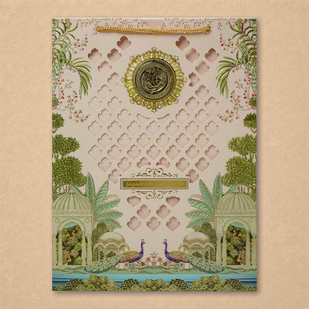 Cream Laser-Cut Bag Style Wedding Card - KNAS3106
