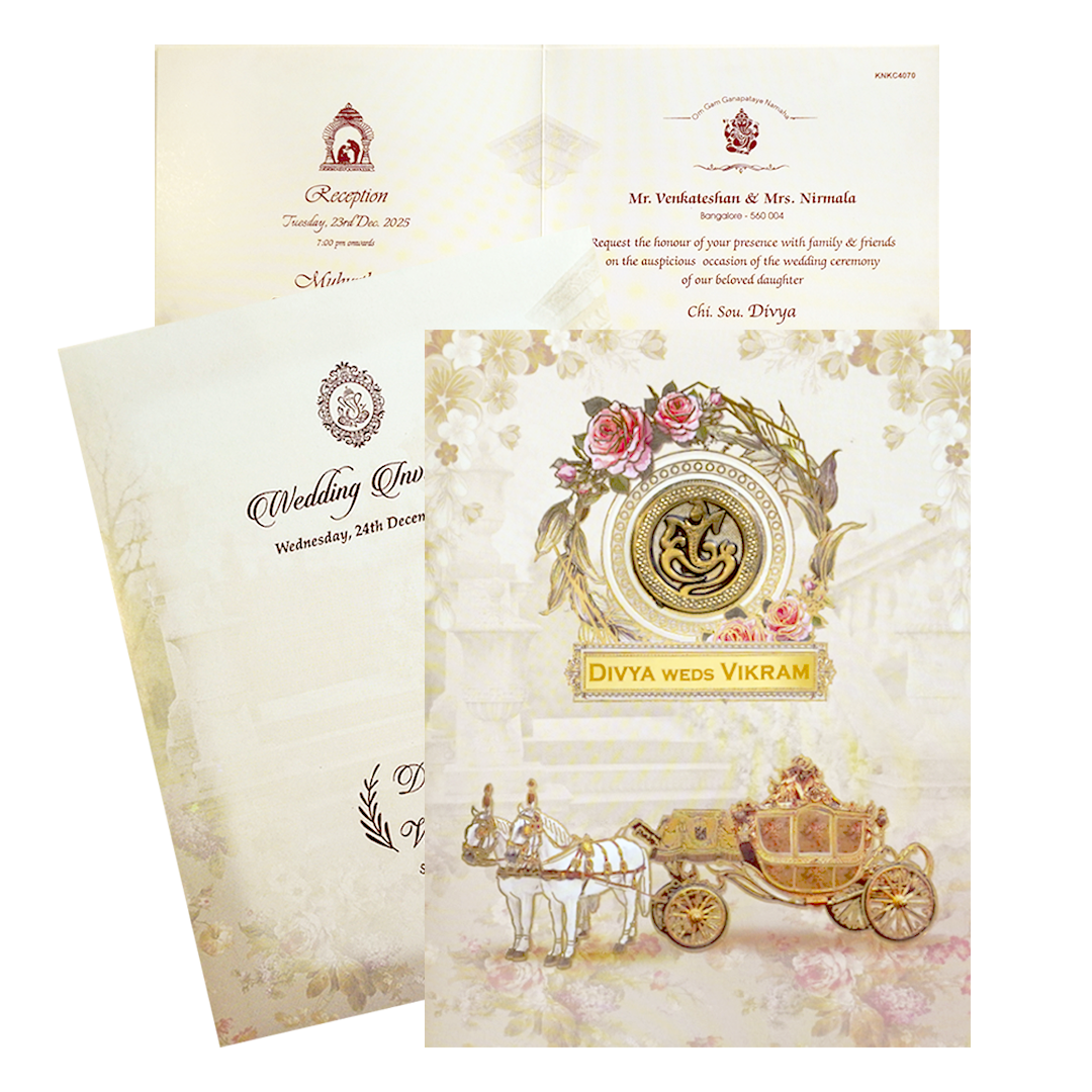 Selling Cream Chariot Nameplate invitation card online. Buying invitation cards made easy with King of Cards! ?Customer Support ?Home Delivery.