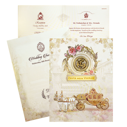 Selling Cream Chariot Nameplate invitation card online. Buying invitation cards made easy with King of Cards! ?Customer Support ?Home Delivery.