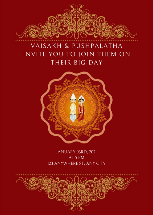 Red Floral Caricature Bengali Wedding Invitation-AABWI001