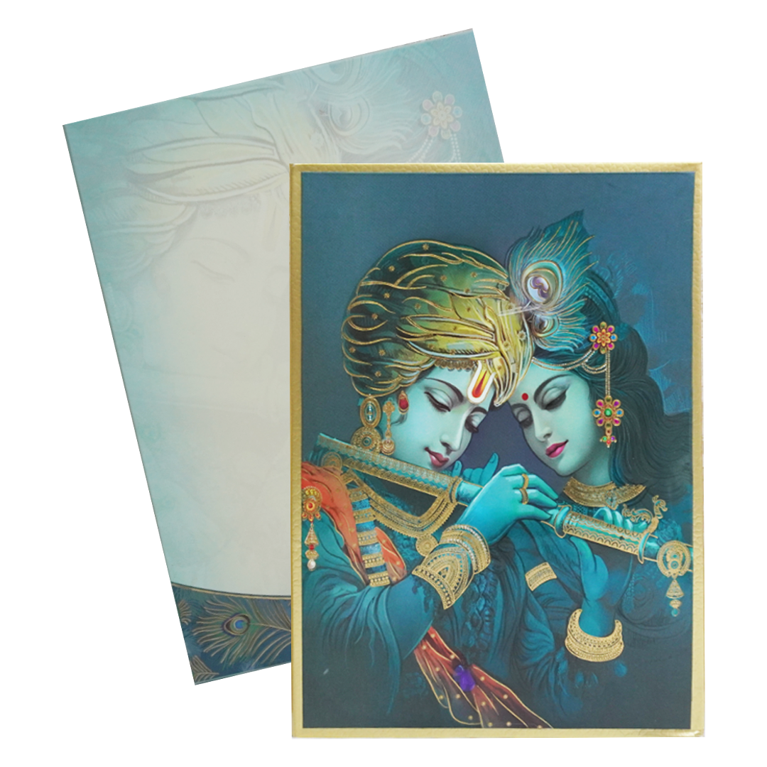 Green Radha Krishna Padded Wedding Card-King of Cards