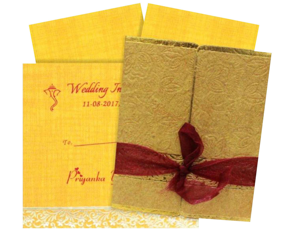 Lovely Ribbon Gold color door type Wedding Card-KNK30002