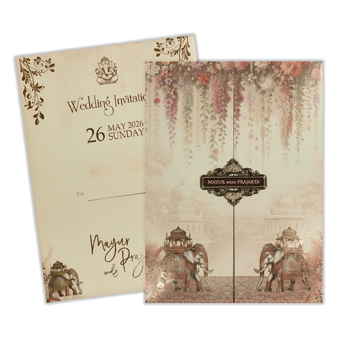 Cream Floral Palace Elephant Wedding Card-KSH73050