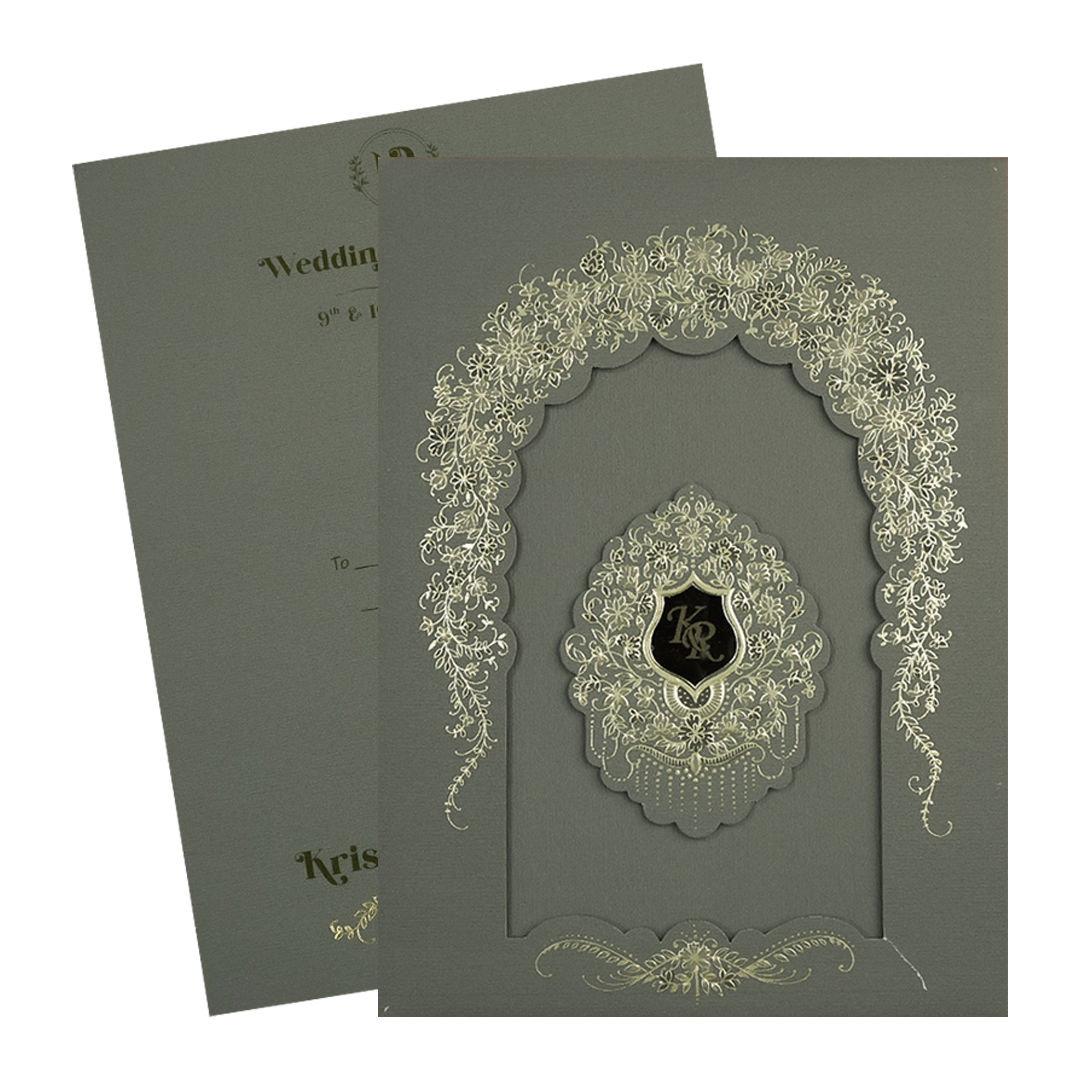 Grey Gold Arch Floral Padded Wedding Card-KSI64470