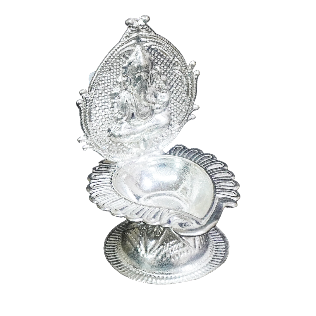 White Metal Diya with Ganesha Idol-King of Cards