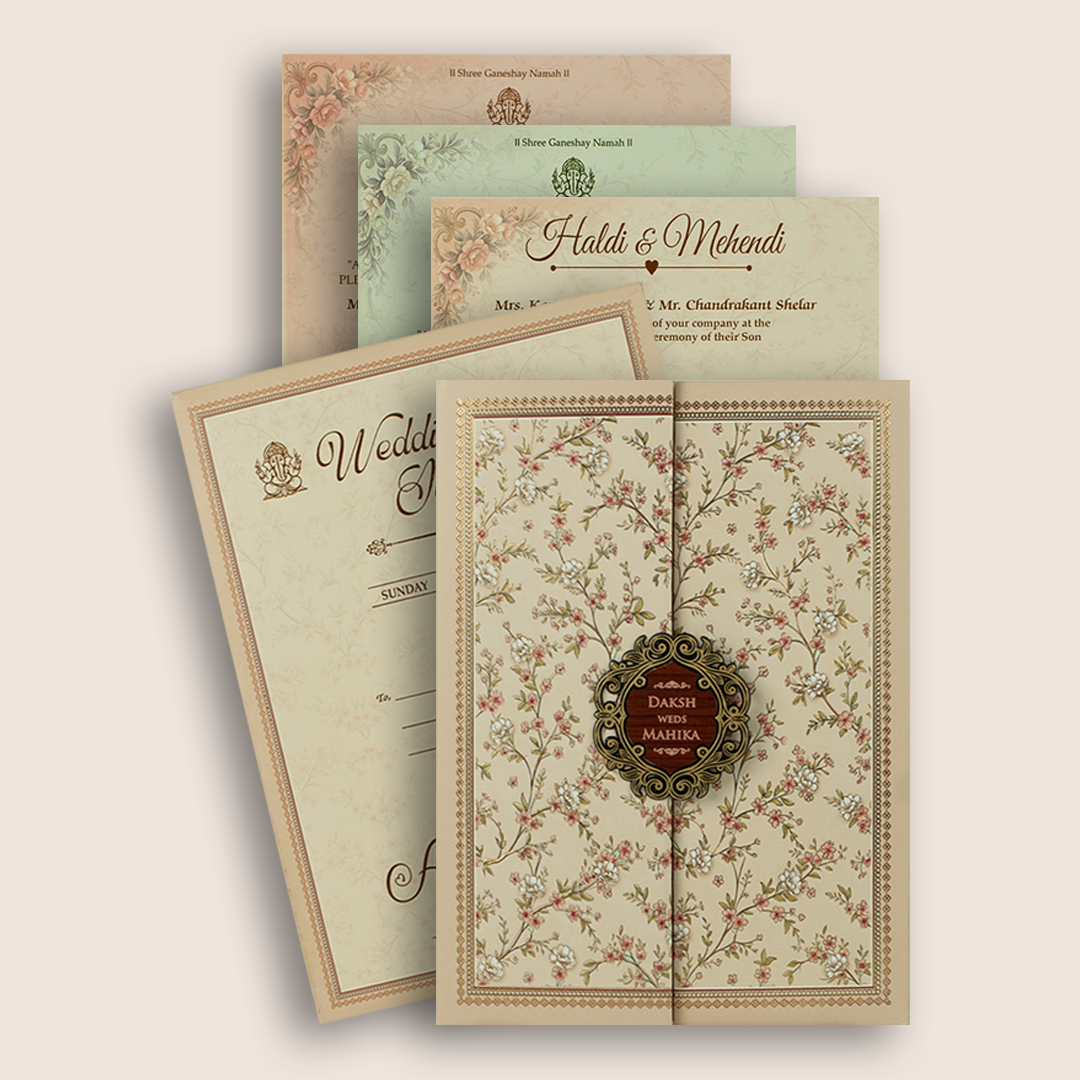 Pastel Peach Floral Door Style Padded Wedding Invitation Card - KSH18580