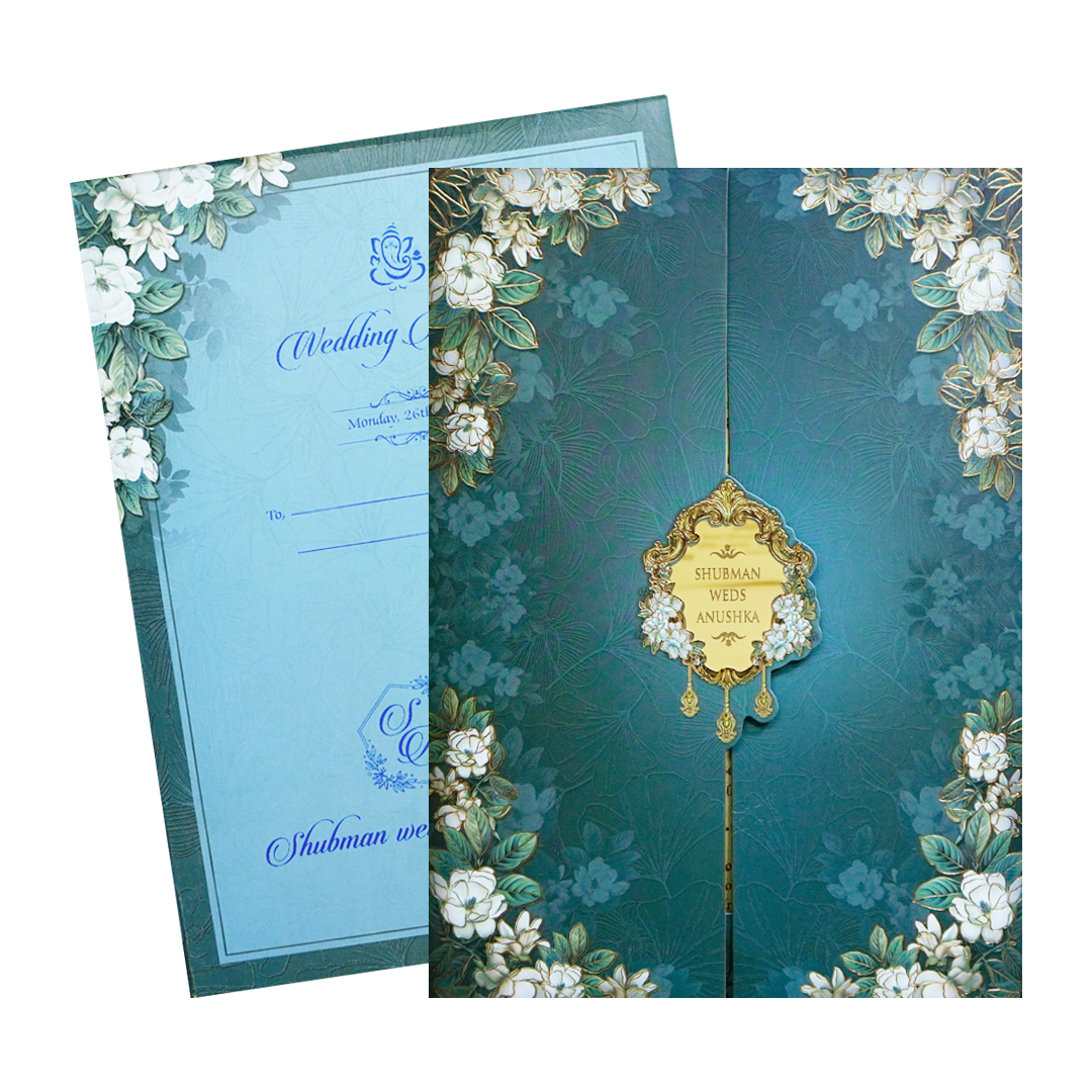 Royal Blue Embossed Gold Foil Door Style Wedding Invitation Card-KRB09050