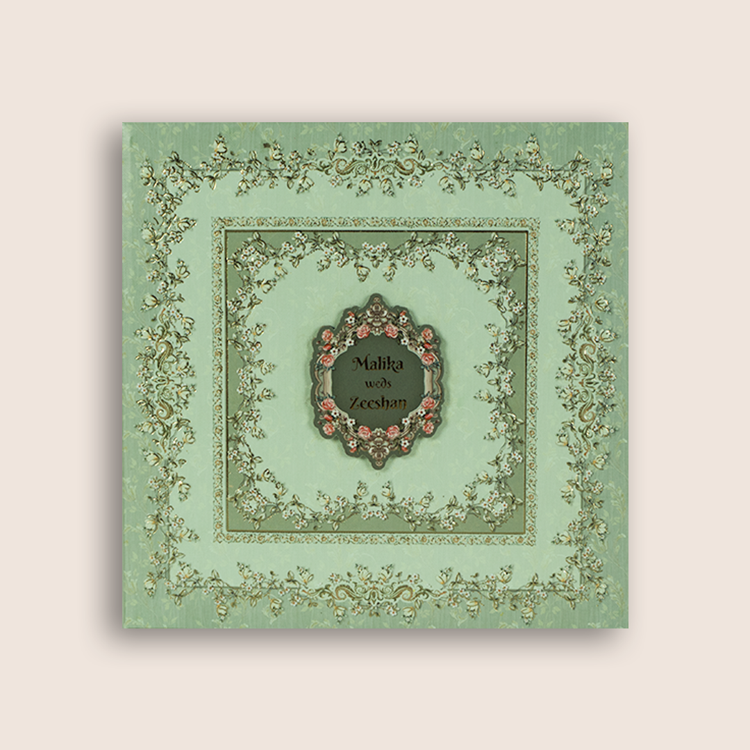 Pastel Green Embossed Floral Luxury Invitation Box - KSI32750