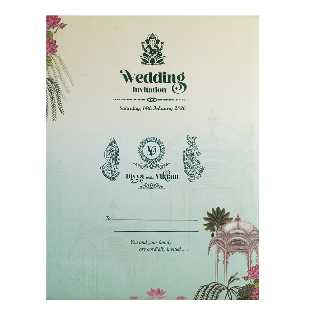 Pastel Green Lotus Pavilion Wedding Card-KNTY6808
