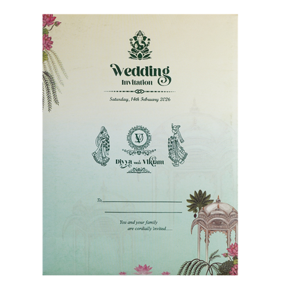 Pastel Green Lotus Pavilion Wedding Card-KNTY6808