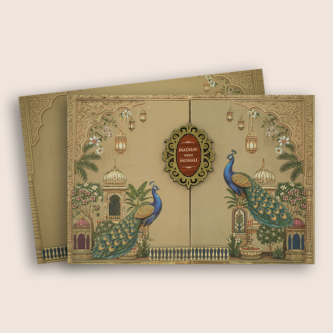 Beige Floral Padded Door Style Wedding Card - KJTS3693