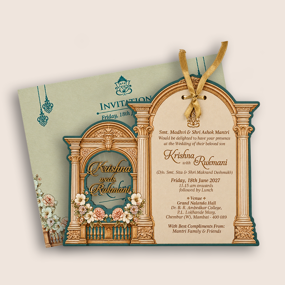 Teal Green MDF Floral Laser Cut Wedding Card - KJTS1923