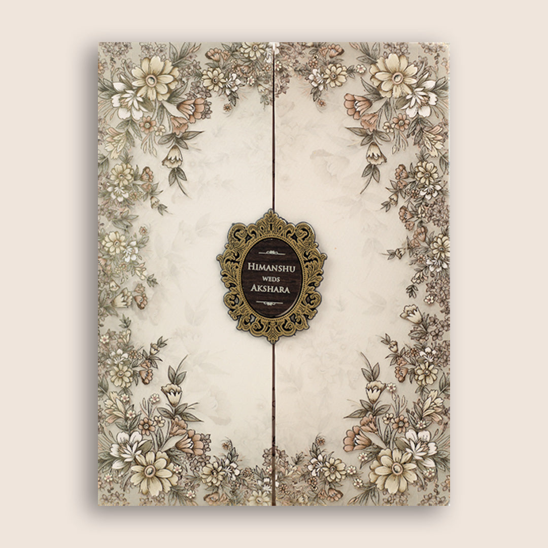 Beige Floral Door Style Padded Marriage Card - KSH72430