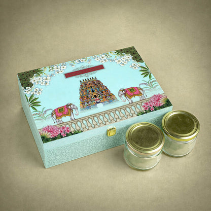 Blue Premium South Indian Temple Arch Luxury Invitation Box - KNLW202571