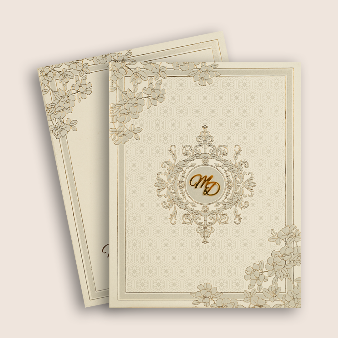 Beige Embossed Floral Padded Wedding Card - KPR010170