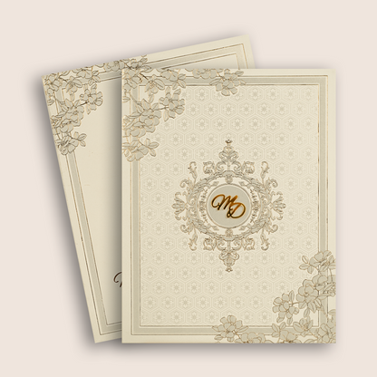 Beige Embossed Floral Padded Wedding Card - KPR010170