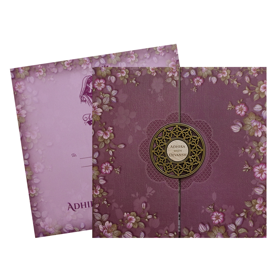 Purple Floral Padded Wedding Card - KSH72800
