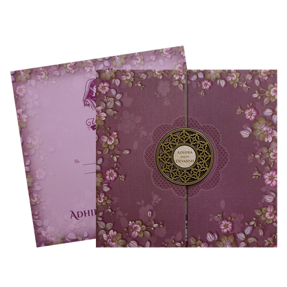 Purple Floral Padded Wedding Card - KSH72800