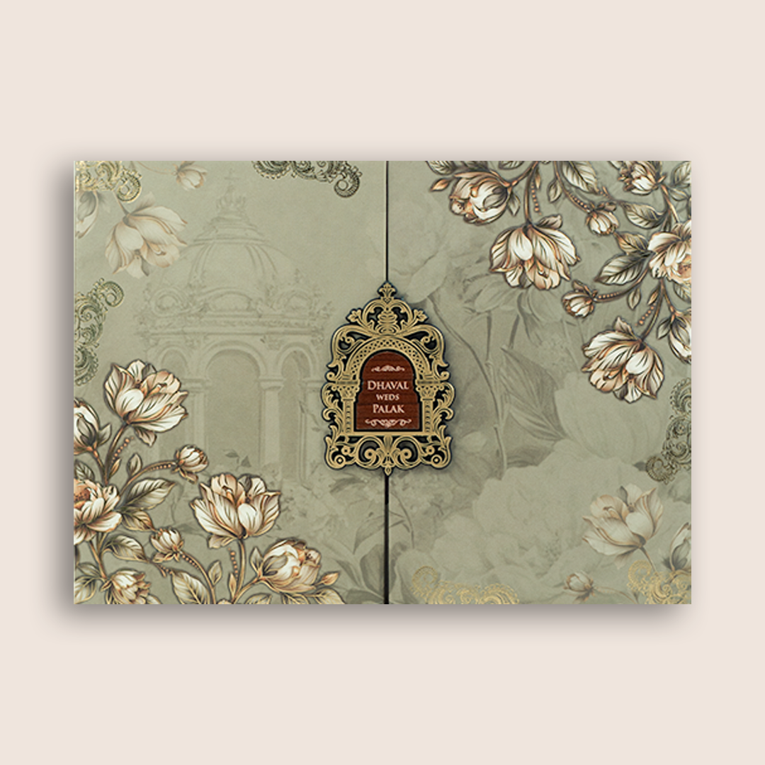 Beige Floral Embossed Door Style Padded Wedding Card - KVN07900