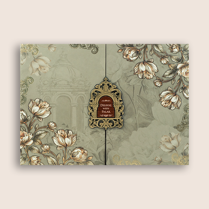 Beige Floral Embossed Door Style Padded Wedding Card - KVN07900