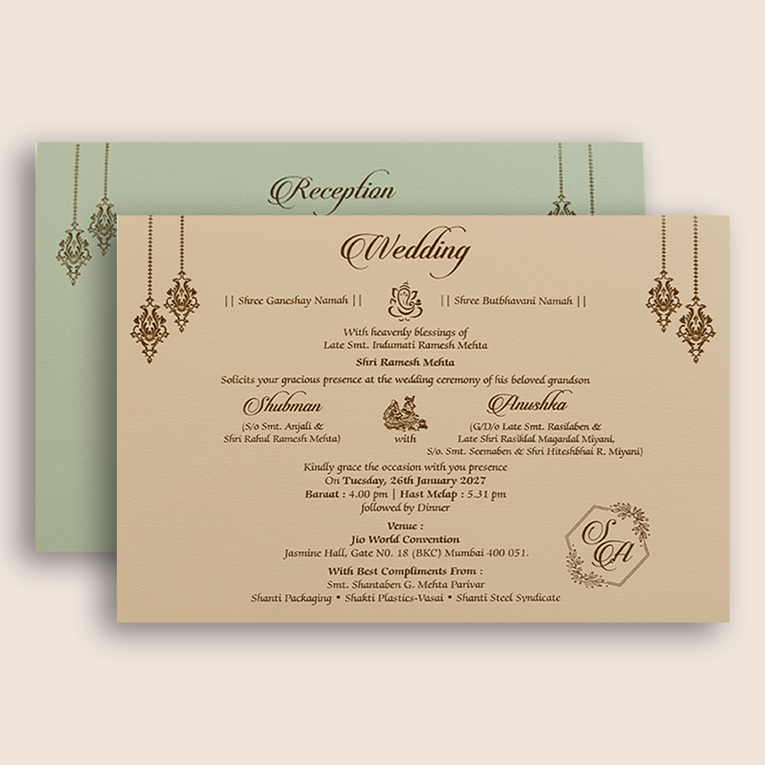 Pastel Green Embossed Floral Door Style Padded Marriage Card - KRB10461