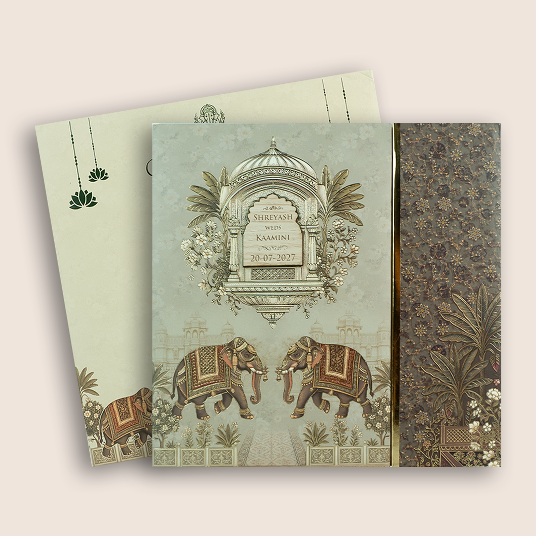 Beige Padded Elephant Door Style Invitation Card - KSH18780