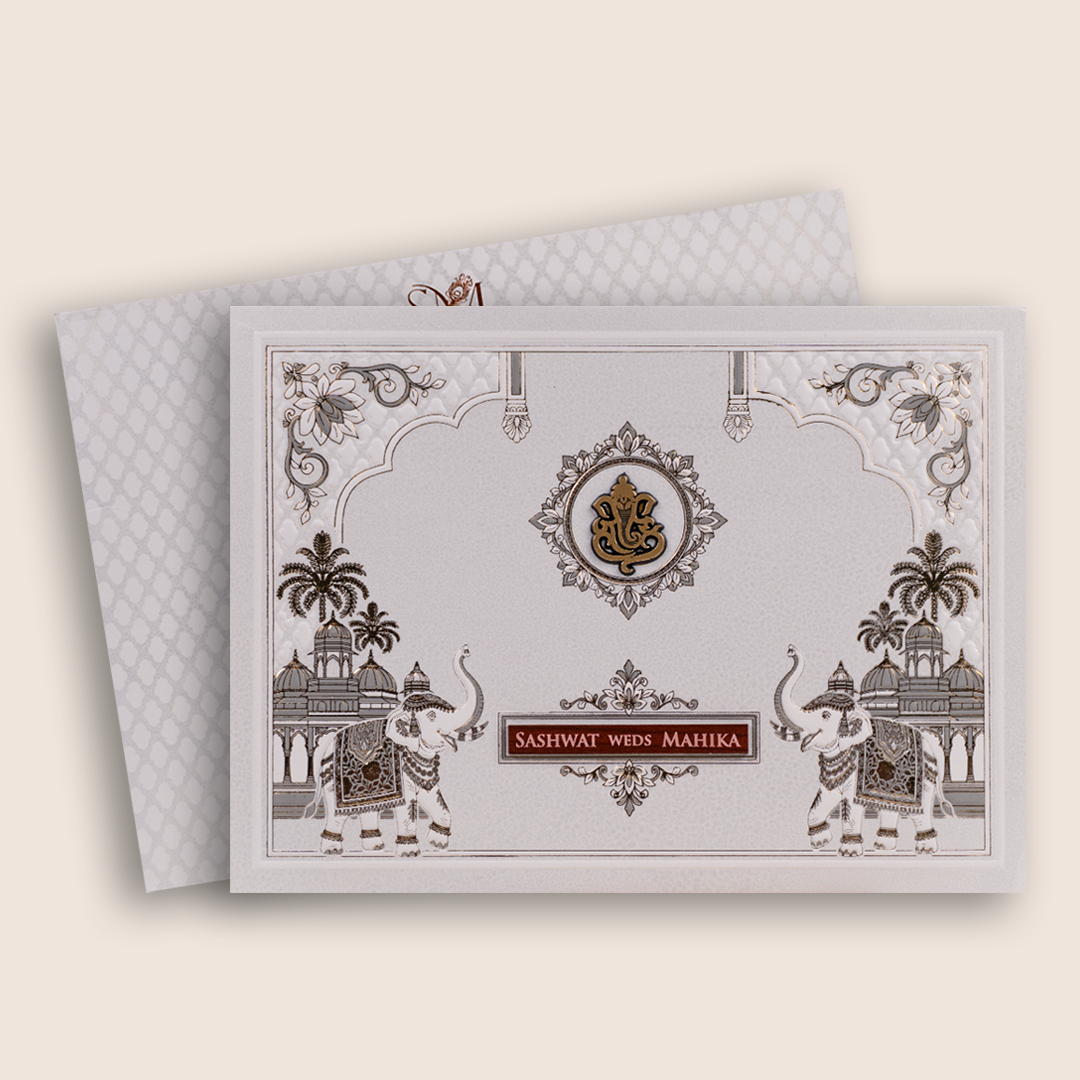 Ivory Embossed Royal Elephant Invitation Card - KRE29450