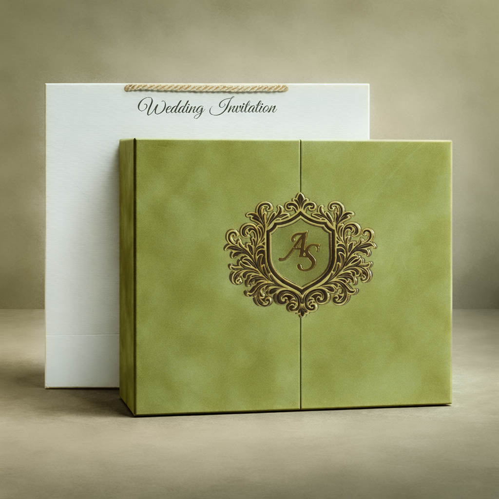 Green Emblem Wedding Invitation Box-KMMEX8390