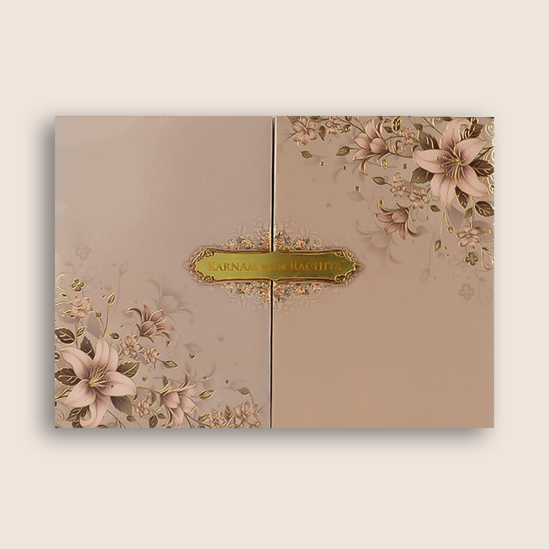 Pink Padded Floral Door Style Wedding Card - KAA06070