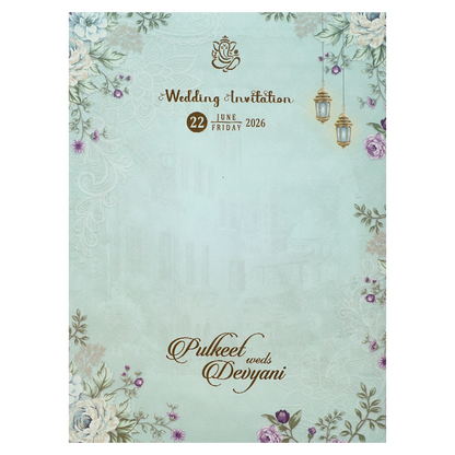 Blue Floral Lantern Padded Wedding Card-KJTS1833