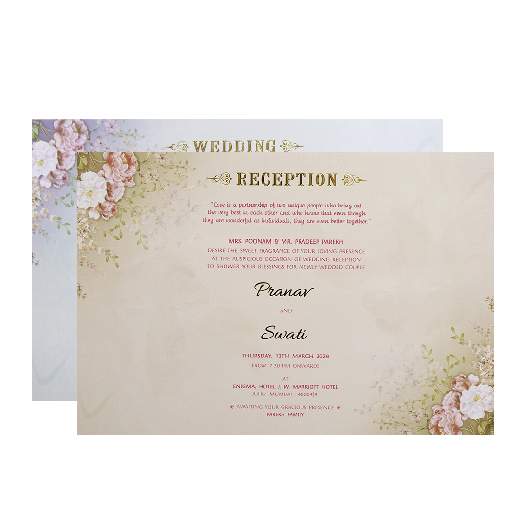 Grey Floral Frame Padded Wedding Card-KMMWD1110